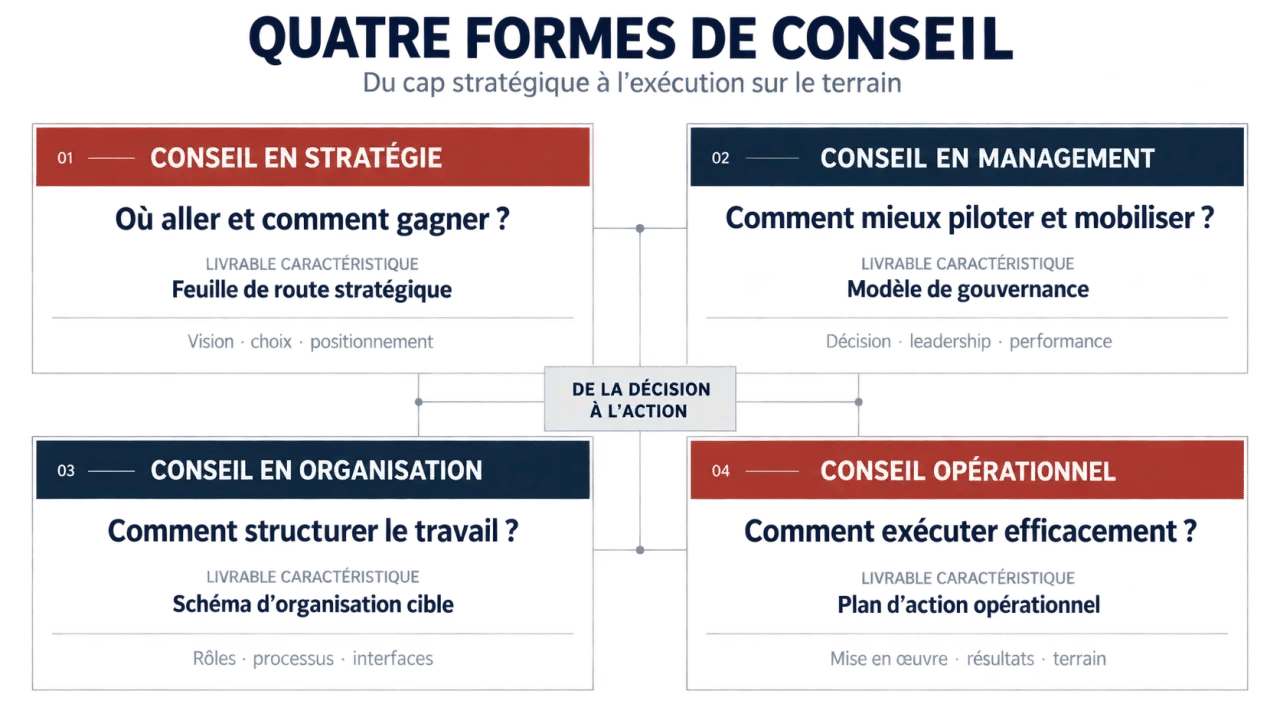 Conseil en management et comparaison avec le conseil en stratégie, en organisation et opérationnel