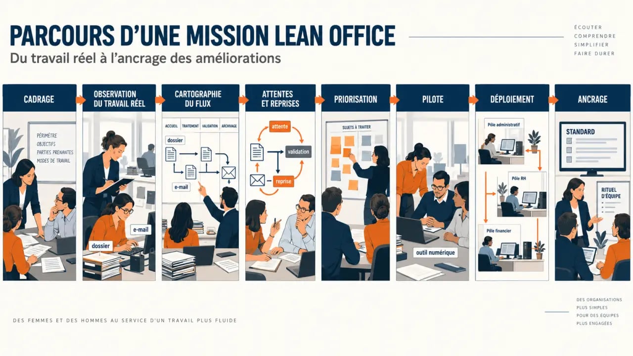 Parcours d’une mission de cabinet conseil Lean Office, du diagnostic au déploiement