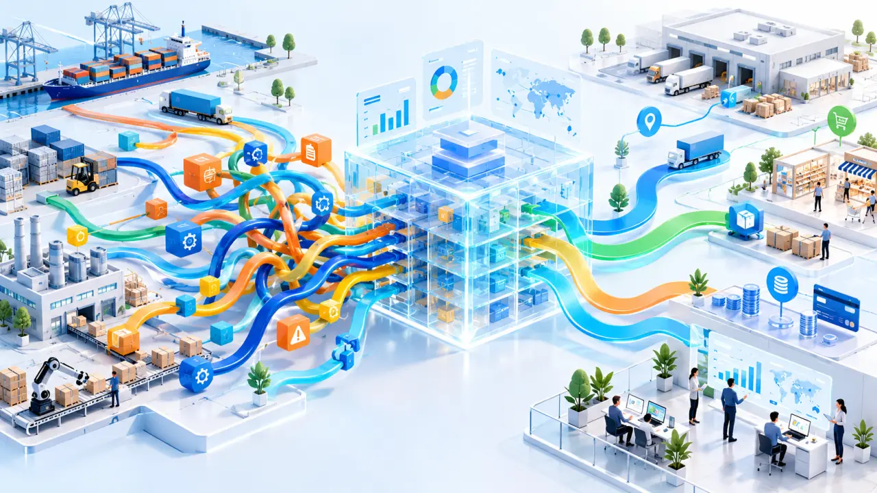 Visualisation abstraite de flux de données connectant plusieurs fonctions d'une entreprise
