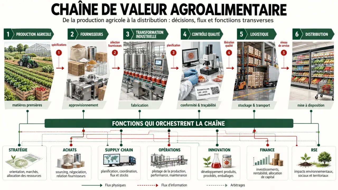 Infographie d’un cabinet conseil agroalimentaire sur la chaîne de valeur et les expertises mobilisées