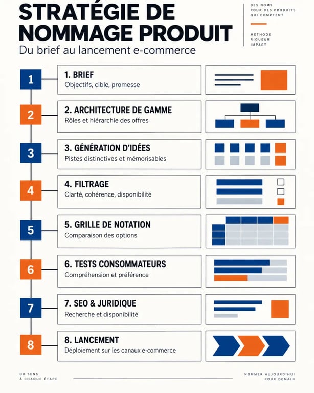 Infographie du processus de stratégie nommage produit ecommerce français