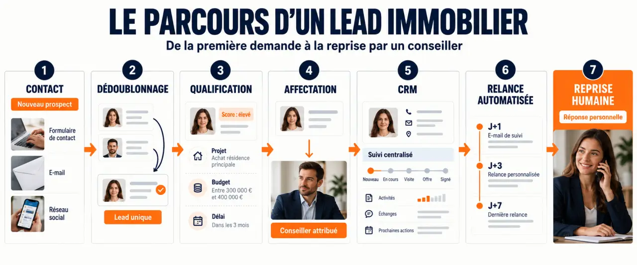 Workflow d'une agence immobilière gestion leads automatisée, de la capture du prospect au suivi CRM et à l'intervention du conseiller