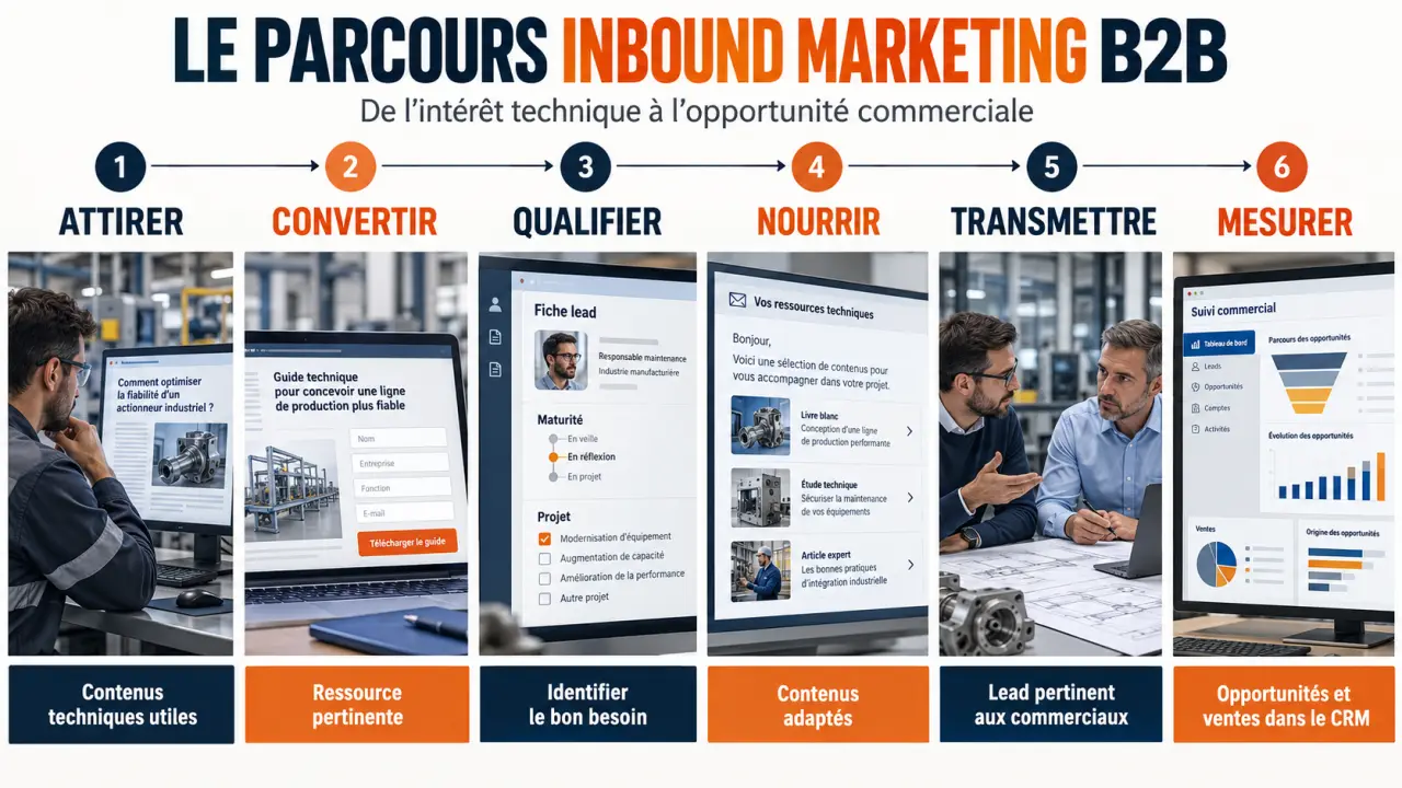 Parcours d’une agence inbound marketing industrie, de l’attraction des prospects au suivi des ventes dans le CRM
