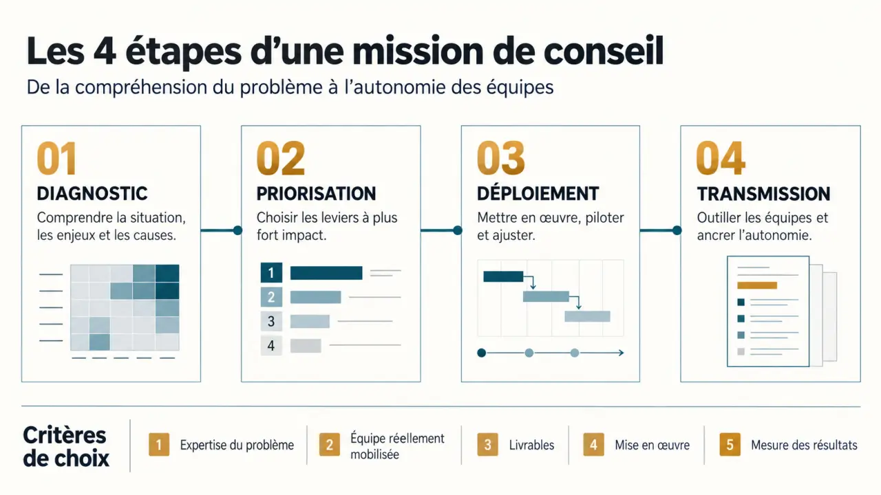 Infographie pour choisir un cabinet conseil Lyon selon l'expertise, l'équipe, les livrables et la mise en œuvre